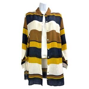 Chicos Linen Stripe Long Shirt Shacket 0 US S/8 *READ* Golden Ochre Quiet Luxury